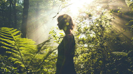 The picture of the young or adult female human doing the standing pose for relaxation or meditating the mind in the middle of the nature under bright sun in the daytime of a dawn or dusk day. AIGX03.の素材