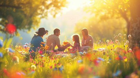 A happy family gathered in a natural landscape, enjoying a picnic amidst blooming flowers, lush grass, and under the warm sunlight. AIG41の素材