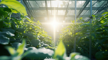 The sunlight filters through the windows of a greenhouse, illuminating a lush garden filled with thriving terrestrial plants. AIG41の素材
