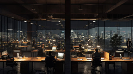A gathering of individuals occupies office desks in a building during nighttime. The room features water fixtures, tables, and glass elements. AIG41の素材