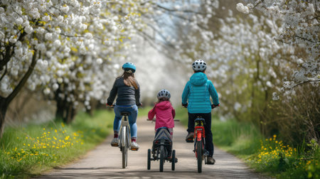 A group of people enjoy cycling on their bicycles through a beautiful natural landscape, surrounded by trees, grass, and plants. AIG41の素材