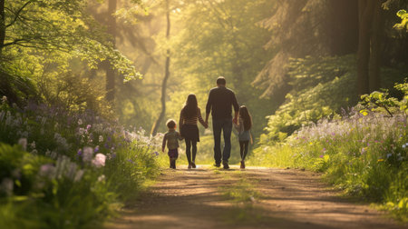 A woman and child stroll through a forest, hand in hand, amidst trees, plants, and natural woodland landscape. AIG41の素材