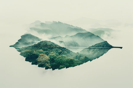leaf double exposure with beautiful nature background showing concept of sustainability and environmental conservation. aigx04の素材