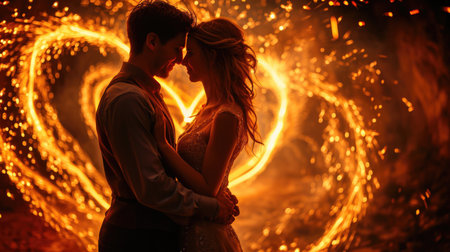 The picture about the caucasian couple hugging each other and wedding near the bright hot burning sparkling firework heart shape in the nighttime of the day like passionate of burning love. AIGX01.の素材