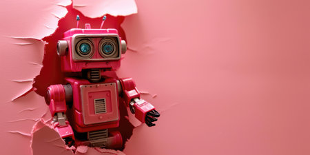 Close up view picture of the hollow pink hole on the the wall that show the robot stay inside the wall that has been made from some material yet still can be break to look through other side. AIGX03.の素材