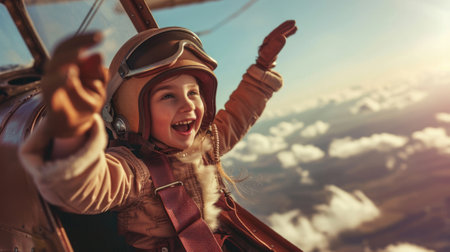 The side view of the picture that has the child flying into the bright sky with the aviator costume and the pair of goggles under the bright light of the bright sun with the happy smile face. AIGX03.の素材