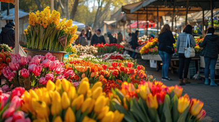 A bustling flower market scene featuring an array of colorful tulips and various spring flowers, with shoppers in the background. Resplendent.の素材