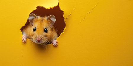 Close up view picture of the hollow yellow hole on the the wall that show the hamster stay inside the wall that has been made from some material yet still can break to look through other side. AIGX03.の素材