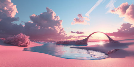 A pink round portal in the middle of the river that connected to the ocean and surrounded with the a huge pile of sand and sandstone mountain under the cloudy sky in the bright morning day. AIGX03.の素材