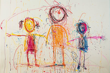The hand drawing colourful picture of the group of the human family that has been drawn by the colored pencil, crayon or color chalk on the white background that seem to be drawn by the child. AIGX01.の素材