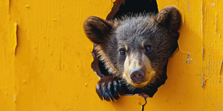 Close up view picture of the hollow yellow hole on the the wall that show the bear stay inside the wall that has been made from some material yet still can be break to look through other side. AIGX03.の素材