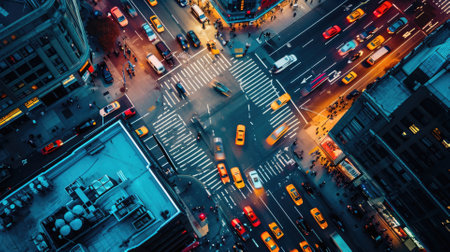 Overhead shot of a bustling city crosswalk with yellow taxis and pedestrians, capturing the vibrant urban life during rush hour. Resplendent.の素材