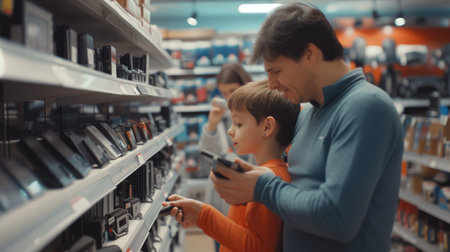 A family is exploring books at a library, having fun and browsing through various genres. They discuss different patterns, travel, and art concepts. AIG41の素材