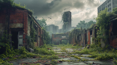 A fiery sunset looms over the ruins of an abandoned industrial factory, where nature slowly encroaches upon man-made structures. Resplendent.の素材