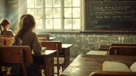 Vintage-style classroom with students focused on a teacher giving a lecture in front of a chalkboard. AIG41の素材