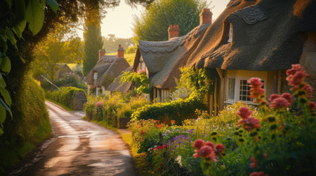 A picturesque lane meanders through an idyllic English village, lined with charming thatched cottages and vibrant, blooming gardens at sunset. Resplendent.の素材
