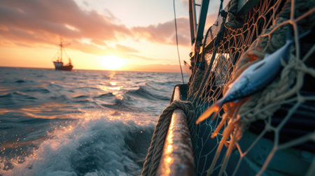 A group of fishermen enjoying the sunset while standing on a boat in the middle of the ocean, surrounded by water and the vast sky above. AIG41の素材
