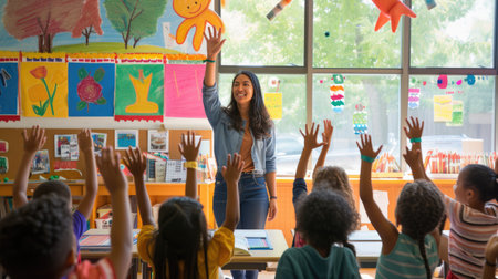 A joyful crowd of children in a classroom eagerly raise their hands, ready to share their answers, creating a lively and engaging community of learners. AIG41の素材