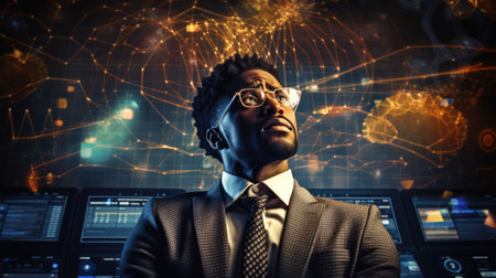 Tech analyst study cyber data chart from corporate system for statistical analytic defining marketing plan and strategy to compete in futuristic technology businessの素材