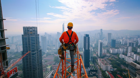 A construction worker stands atop a skyscraper, surrounded by the mesmerizing city landscape, under a cloudy sky with water glittering in the distance. AIG41の素材
