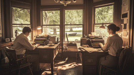 Two women seated at a table with a typewriter, sharing a conversation in a building with a window overlooking the street. AIG41の素材