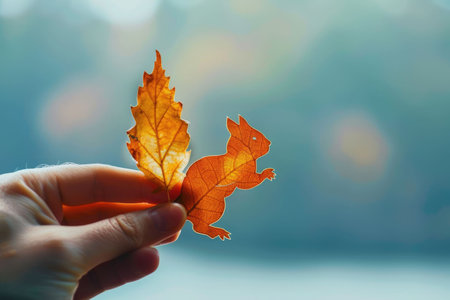 nature art of leaf carved into animal shape showing concept of sustainability and environmental conservation. aigx04の素材