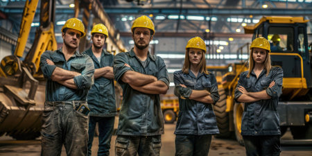 group portrait of construction workers with background of excavation machinery aigx04の素材