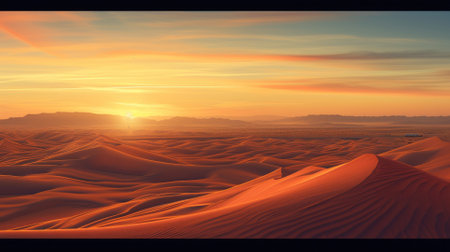 The sun dips below the horizon, casting a warm golden glow over the smooth, windswept sand dunes of a vast and majestic desert landscape. The sun sets over a vast desert. Resplendent.の素材