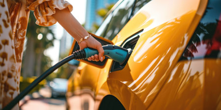 A picture about the electric vehicle that has been charging at the charging station and has been connected with the charger that has been connecting to the electric vehicle to become new tech. AIGX01.の素材