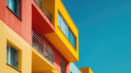 The colourful structure under the bright clear blue sky with the ray of light from brightest sun that cover most part of the building but even that the structure still left some the shadow. AIGX03.の素材