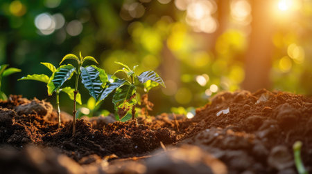 The growing little tiny green plants on the soil and dirt that has been received the source of the food from the bright light of the morning sun at the daytime in the summer or spring of year. AIGX03.の素材