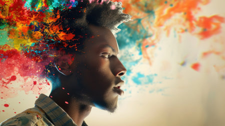 The picture that about the human face with different facial expression with colourful blowing effect near their head that can be portrayed feeling when they received too much the information. AIGX03.の素材