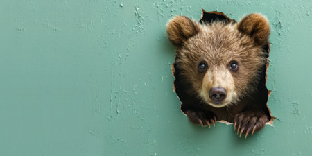 Close up view picture of the hollow green hole on the the wall that show the bear stay inside the wall that has been made from some material yet still can be break to look through other side. AIGX03.の素材