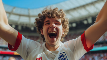 A jubilant soccer fan celebrates a goal, cheering and clapping in a stadium filled with spectators during a crucial match. AIG41の素材