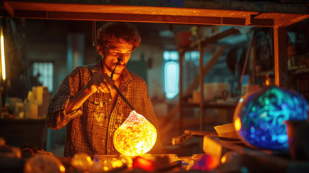 A man blowing glass near a fire, displaying his skill while heating the molten material. AIG41の素材