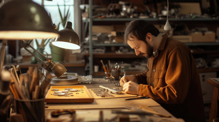 A woman is sitting at a desk in a workshop, building and working on a piece of equipment with fun and sharing in an art room. AIG41の素材
