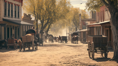 A captivating scene of a Western town at sunset, featuring horse-drawn carriages and vintage storefronts bathed in a dusty golden light. Resplendent.の素材