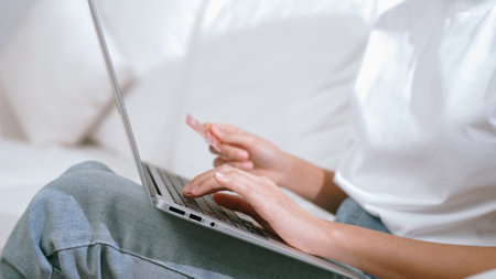 Woman shopping or pay online on internet marketplace browsing for sale items for modern lifestyle...