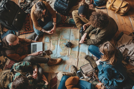 The picture of the group of the young or adult caucasian human focus and looking at a map of the world in a small room that has been filled with various object under bright sun in the daytime. AIGX03.の素材