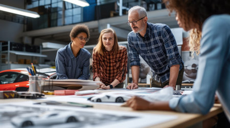 A group of people sharing a fun leisure event, sitting around a table, looking at a model car. AIG41の素材