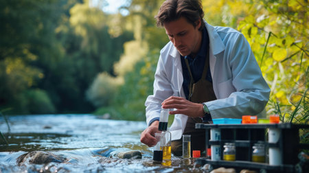 A man, wearing a lab coat, collects water from a river, amidst a beautiful natural landscape with happy people, trees, grass, and a serene lake. AIG41の素材