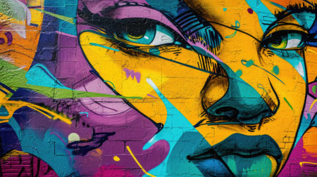 A striking graffiti mural captures the essence of urban art with a bold depiction of colorful, stylized eyes on a city wall. Resplendent.の素材
