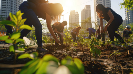A group of people is tending to plants, shrubs, and trees in a garden, with city buildings visible in the background. AIG41の素材