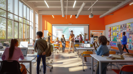 A group of children are engaging in leisure activities in a buildings recreation room with a large screen. AIG41の素材