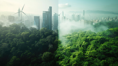 A futuristic cityscape blends with lush greenery, symbolizing sustainable urban living. AIG41の素材
