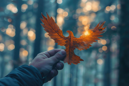 nature art of leaf carved into animal shape showing concept of sustainability and environmental conservation. aigx04の素材