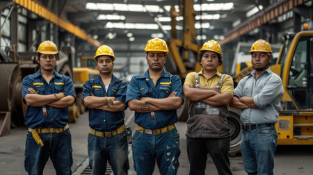 group portrait of construction workers with background of excavation machinery aigx04の素材