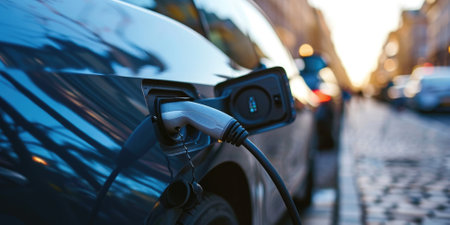 A picture about the electric vehicle that has been charging at the charging station and has been connected with the charger that has been connecting to the electric vehicle to become new tech. AIGX01.の素材