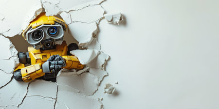 Close up view picture of the hollow white hole on the the wall that show the robot stay inside the wall that has been made from some material yet still can be break to look through other side. AIGX03.の素材