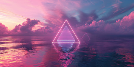 The great pinkish floating triangle beyond the ocean that surrounded with a lot amount of the tall cloud at the dawn or dusk time of the day that shine light to the every part of the picture. AIGX03.の素材